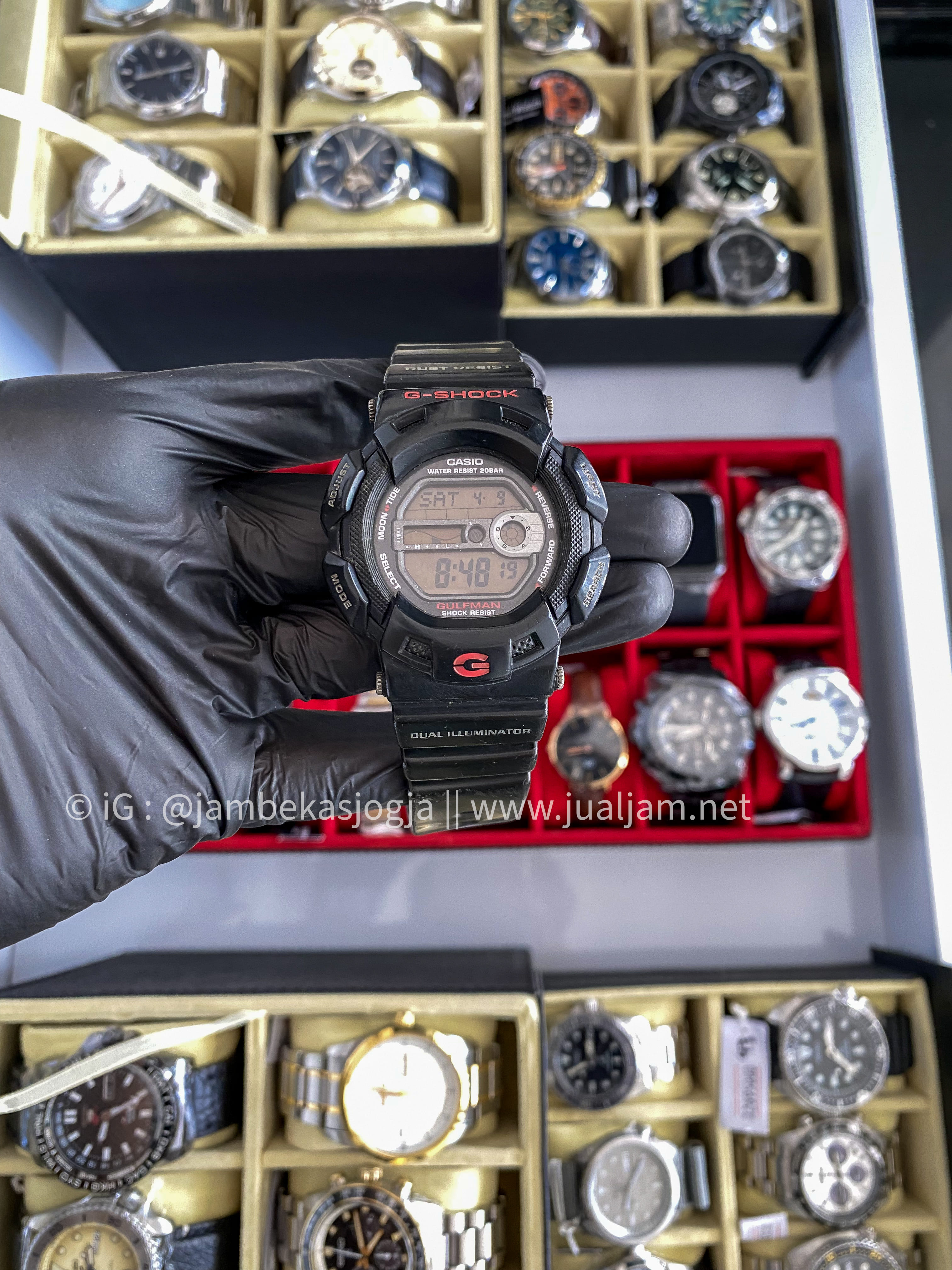 (SKU 141 ) Casio G-Shock Gulfman G-9100-1DR Men WR 200M Tide Graph Digital Black Resin Band