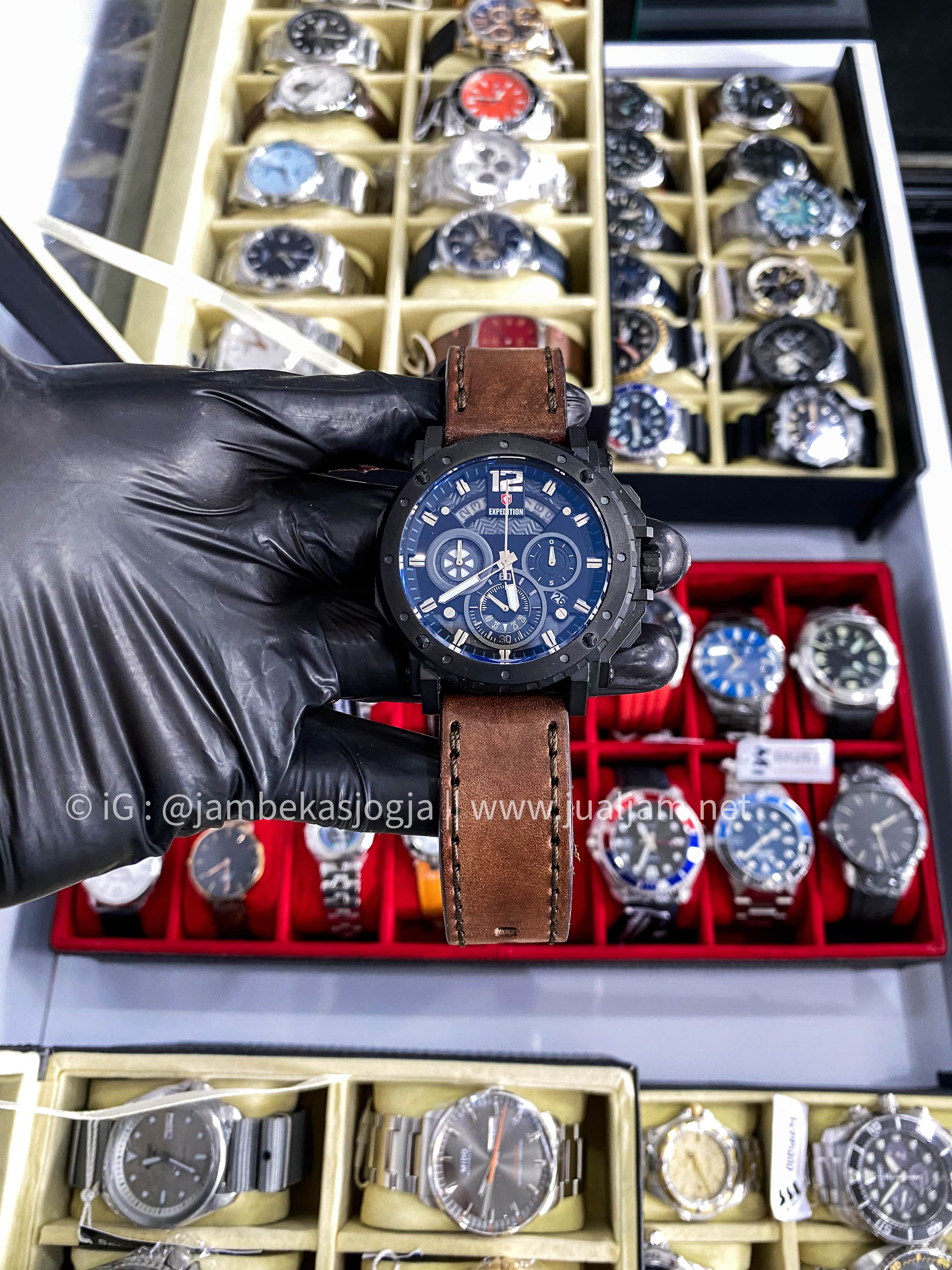 (SKU 86) Expedition Chronograph E 6402 MC LURBU Men Blue Dial Brown Leather Strap