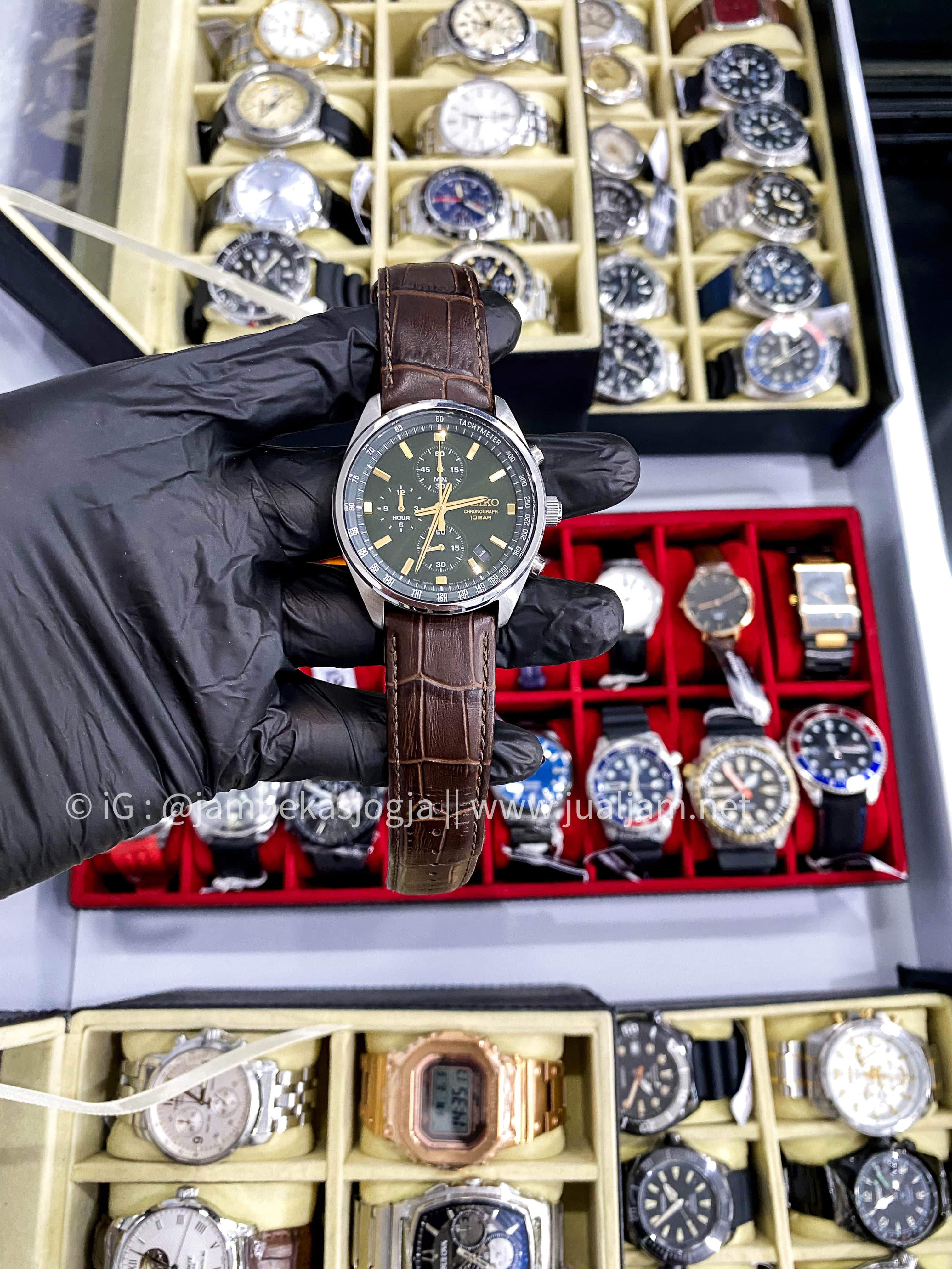 (SKU 35)  Seiko Chronograph SSB385P1 Green Dial Brown Leather Strap  GARANSI RESMI FEBRUARI 2028