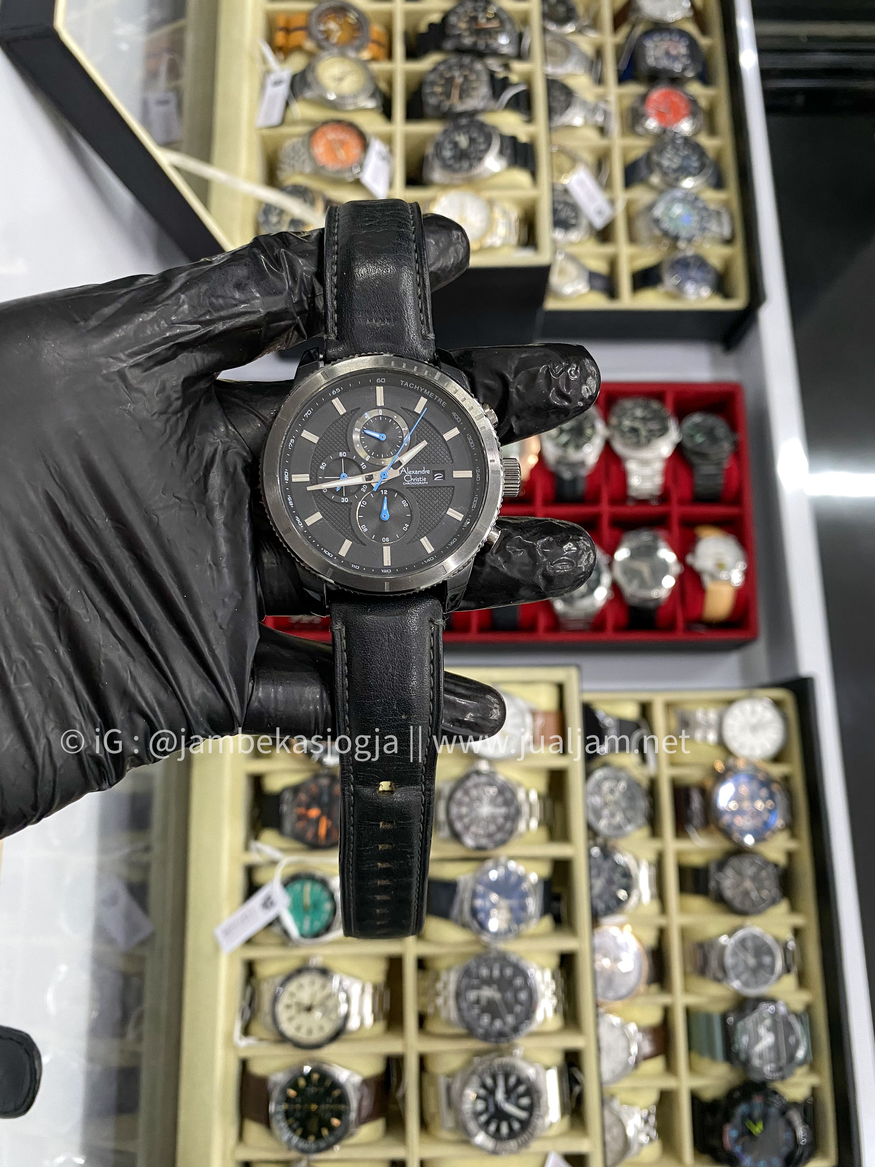 (SKU 207 ) Alexandre Christie AC 6501 MC LEPBA Chronograph Man Black Dial Black Leather Strap