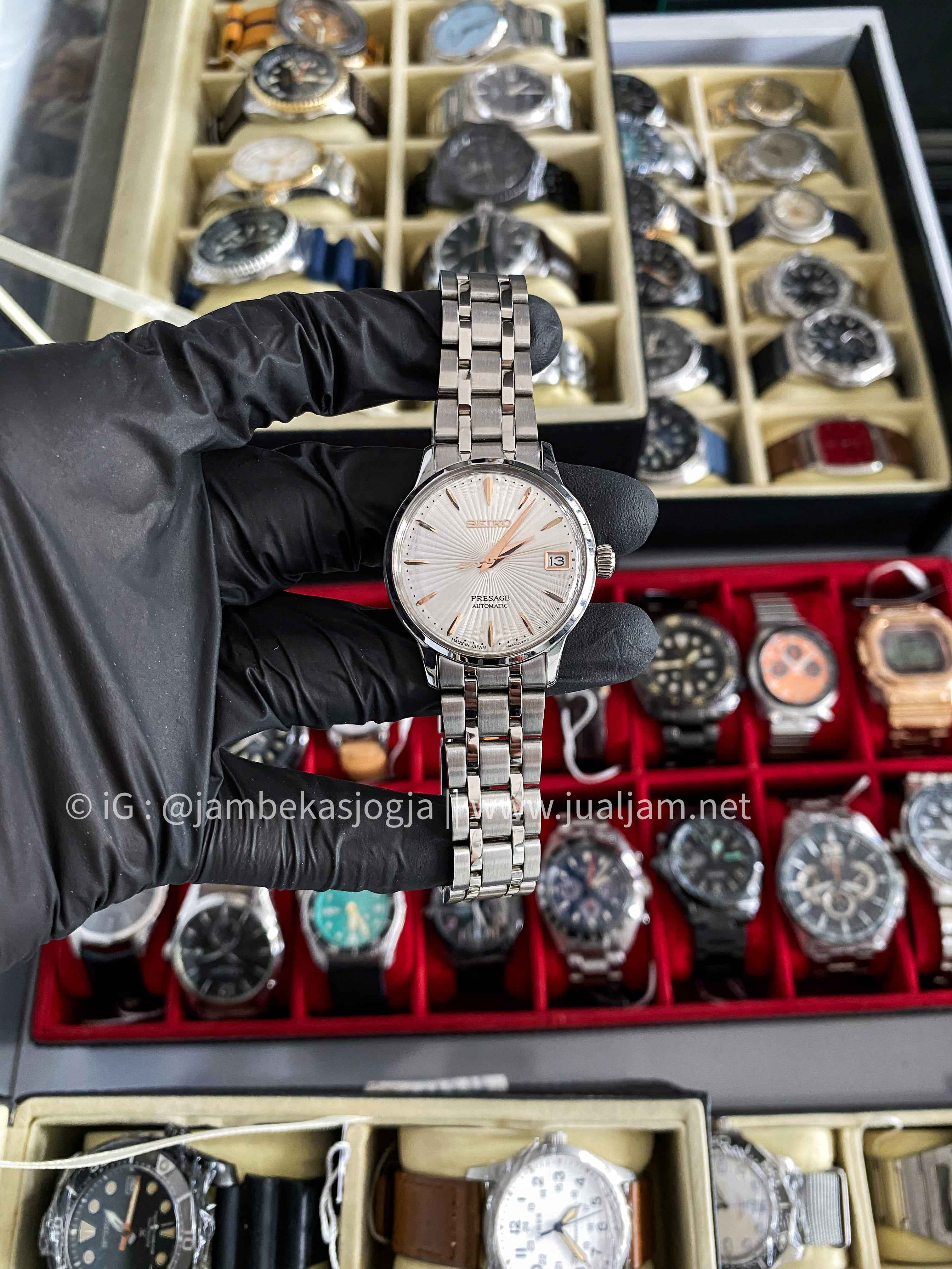 ( SKU 311)  Seiko Presage SRPB47J1 White Sunburst Cocktail Automatic Silver Texture Dial Stainless Steel Strap