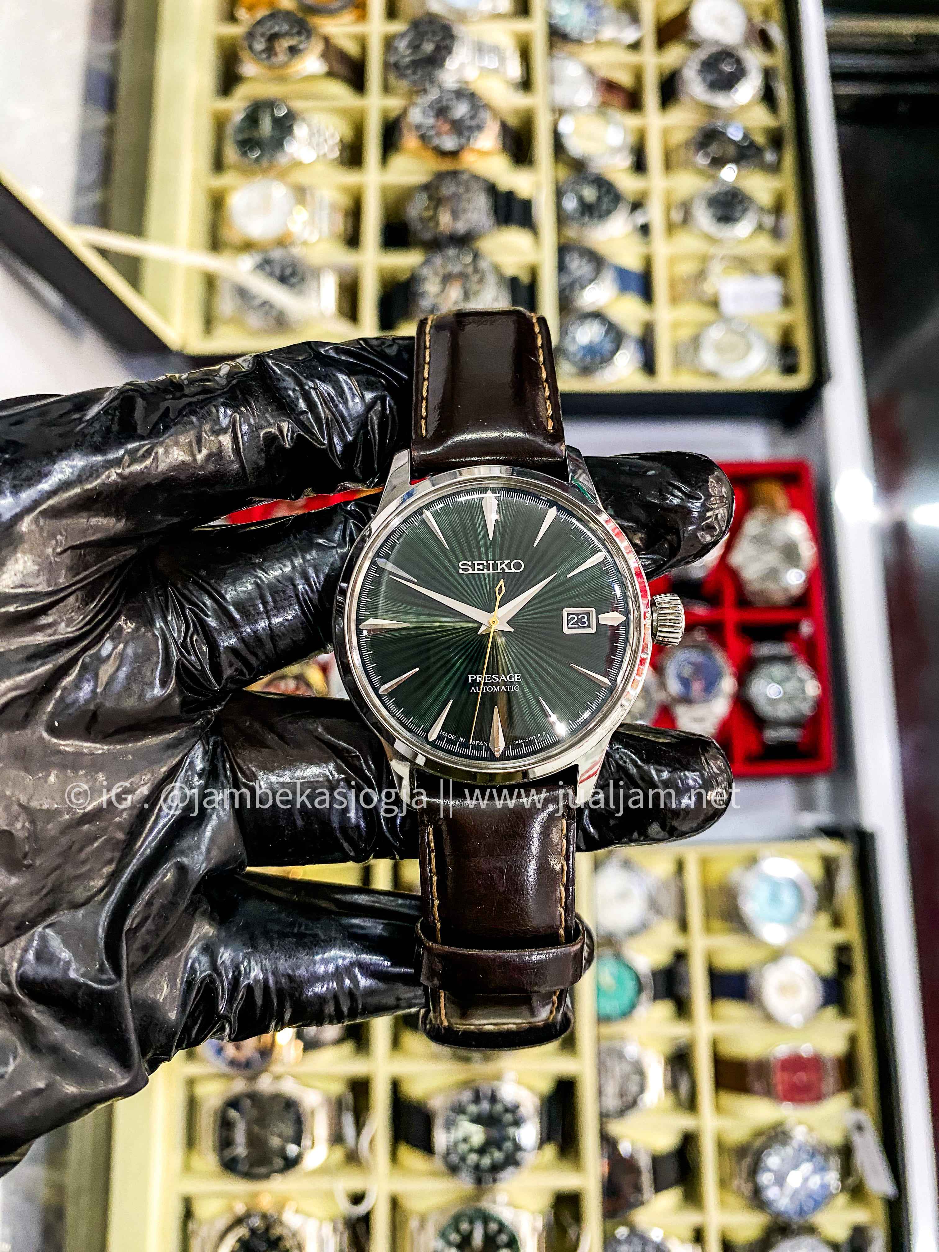 ( SKU 264 ) Seiko Presage SRPD37J1 Cocktail Time Mockingbird Automatic Green Dial Brown Leather Strap