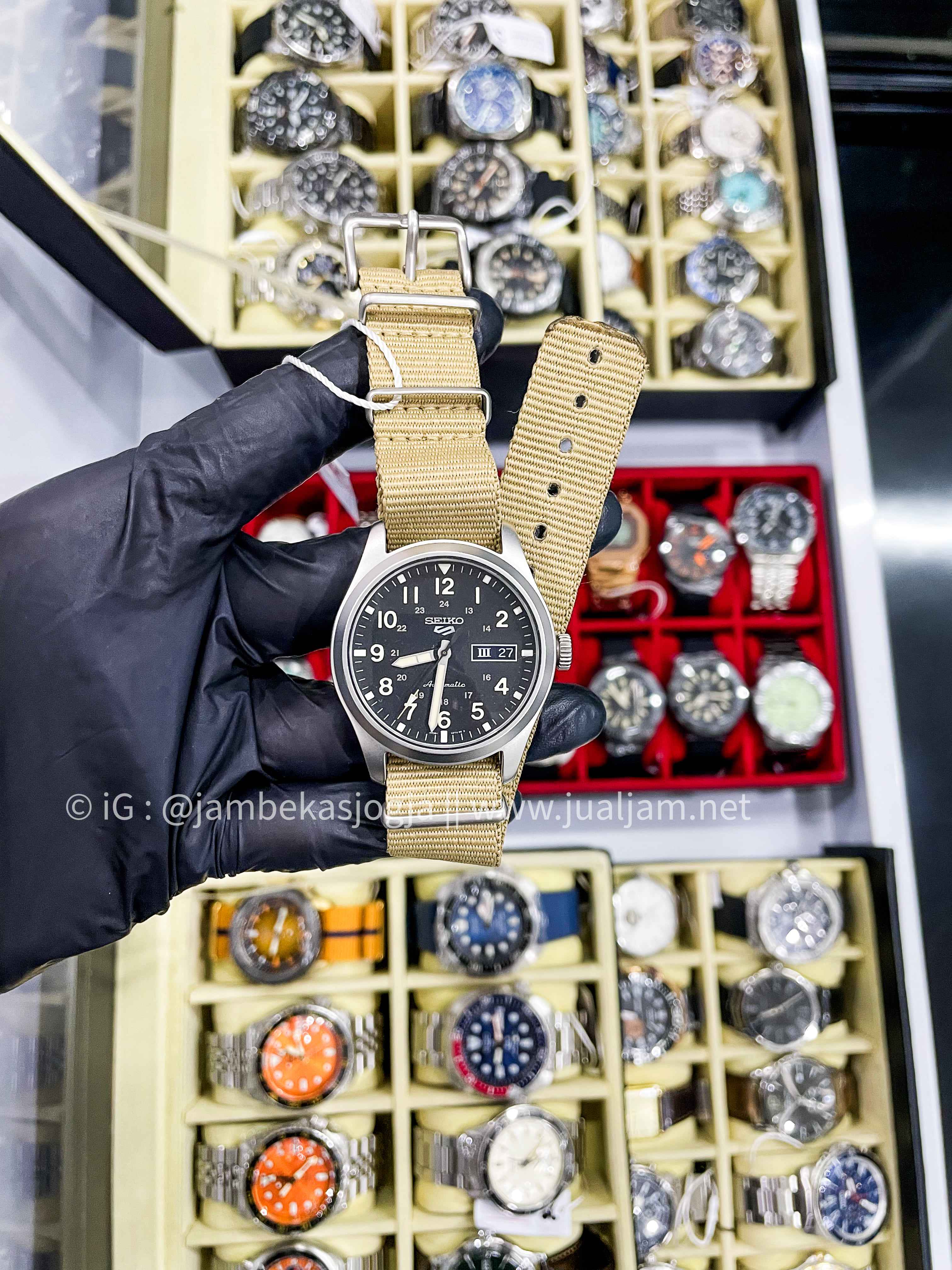 (SKU 384) Seiko 5 Sports SRPG35K1 Automatic Black Dial Beige Nylon Strap