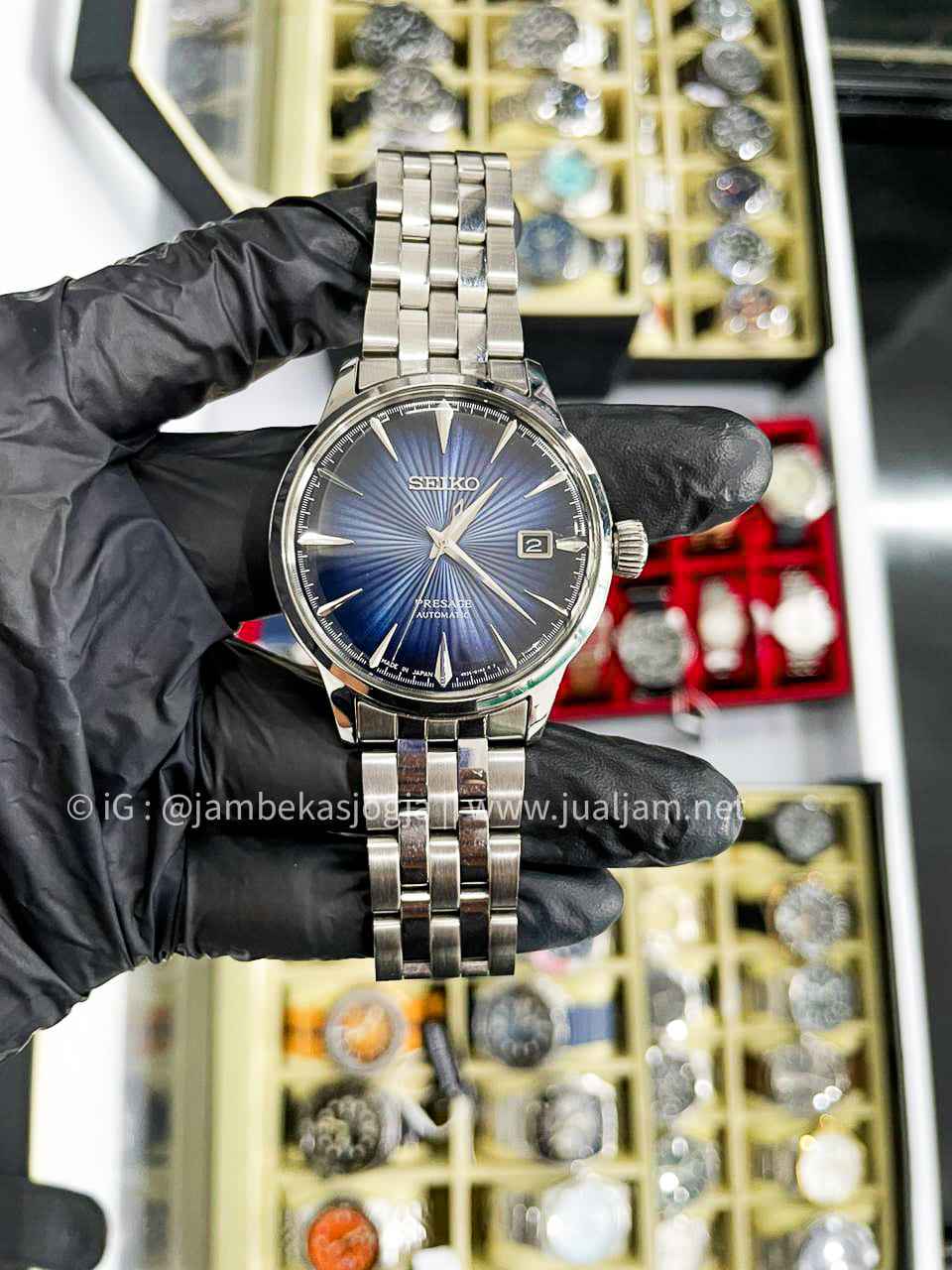 (SKU 405) Seiko Presage SRPB41J1 Cocktail Time Blue Moon Blue Gradation Texture Dial Stainless Steel Strap