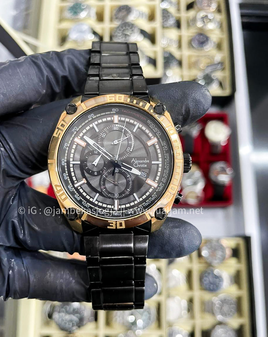 (SKU 446)Alexandre Christie AC 6483 MC BBRBA Chronograph Men Black Dial Black Stainless Strap