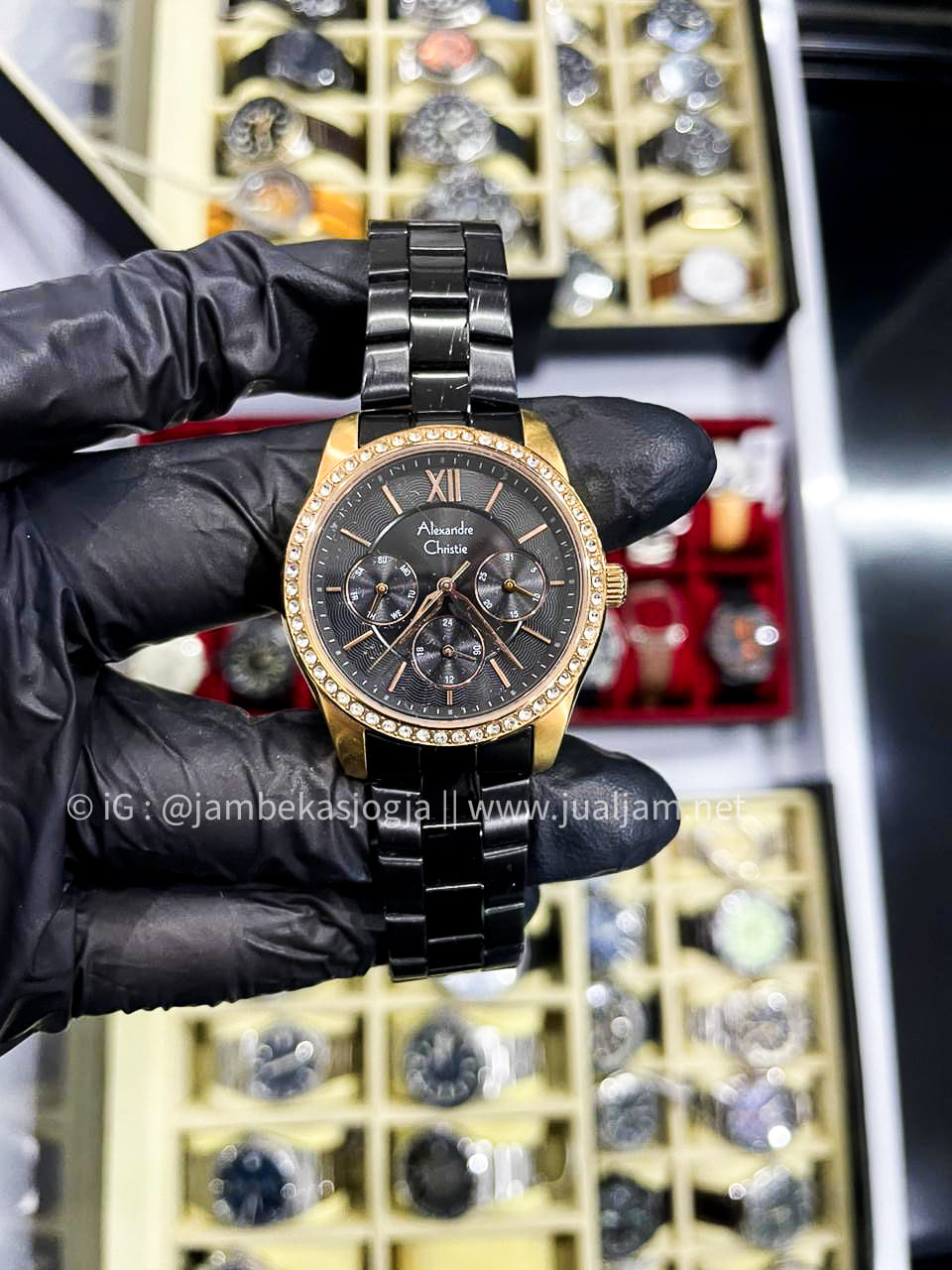 Alexandre Christie Multifunction AC 2827 BF BBRBA-2 Ladies Black Dial Black Stainless Strap ( TITIP JUAL )