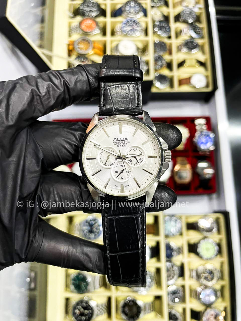 (SKU 453) Alba Prestige AT3E45X1 Chronograph Men Silver White Dial Brown Leather Strap