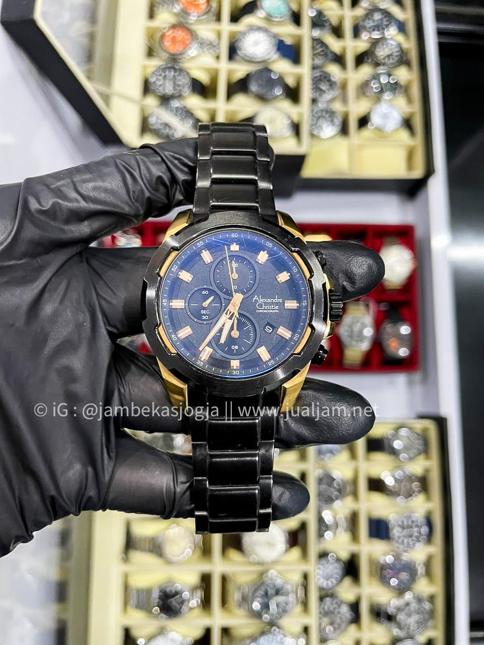 (SKU 466) Alexandre Christie AC 6532 MC BIPBA Chronograph Men Black Dial Black Stainless Strap