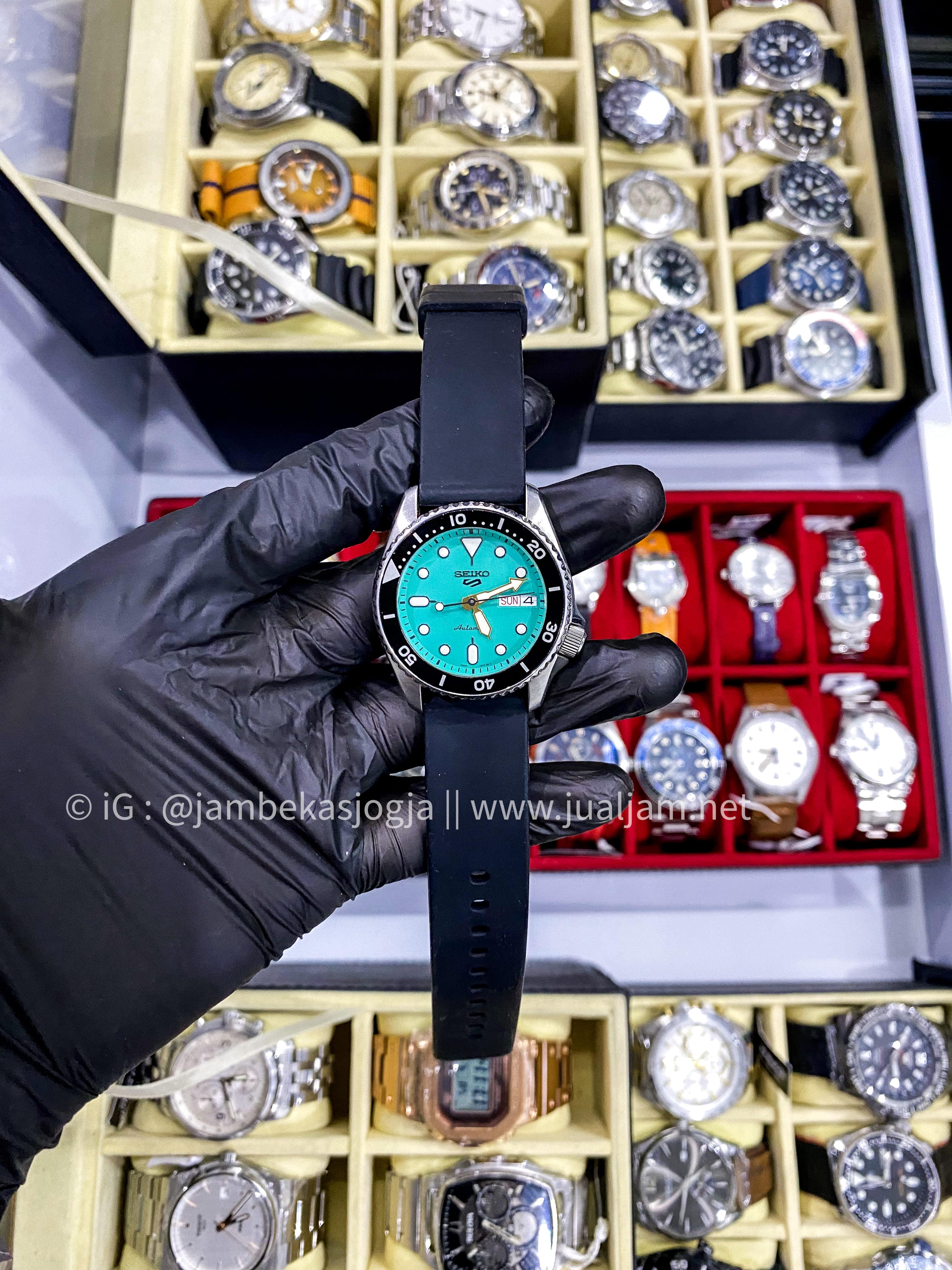 (SKU 37) Seiko 5 Sports SRPK33K1 5KX Midi SKX Sports Style Baby Blue Dial Black Rubber Strap