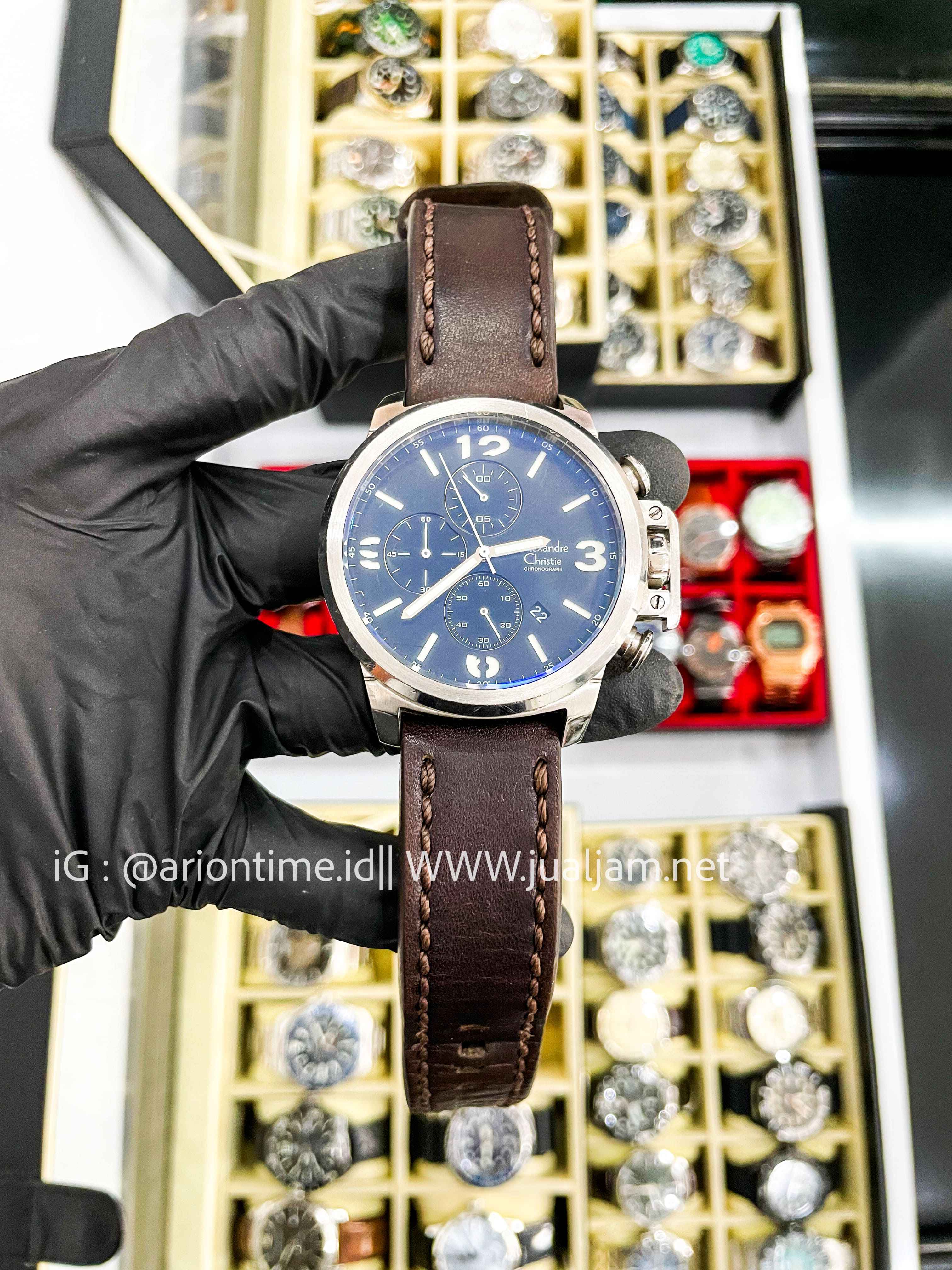 (SKU 521) Alexandre Christie Chronograph AC 6280 MC LBRBASL V2 Men Black Dial Brown Leather Strap