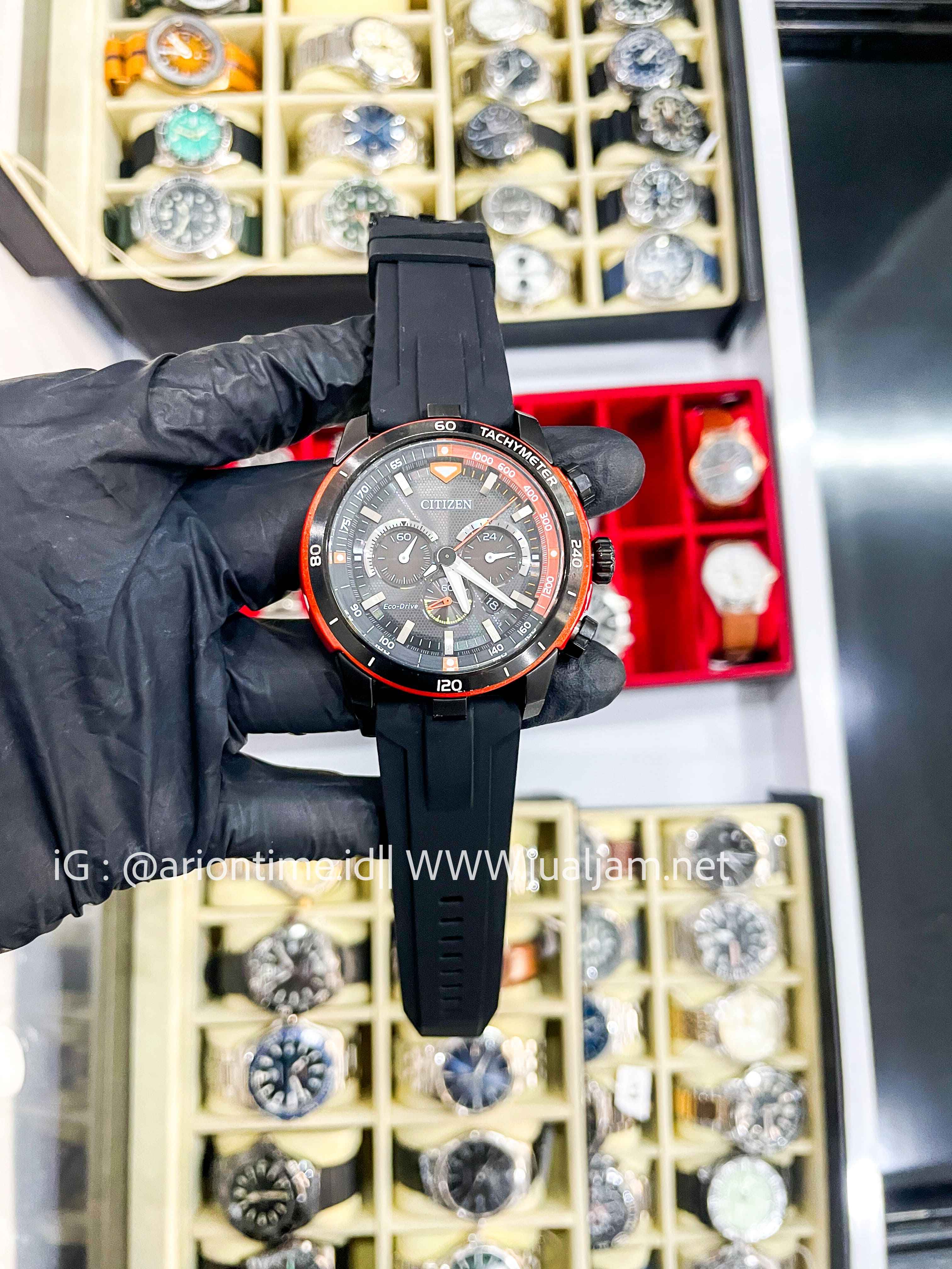 Citizen Ecosphere Eco-Drive CA4158-06E Chronograph Tough Solar Black Dial Black Resin Strap (TITIP JUAL )