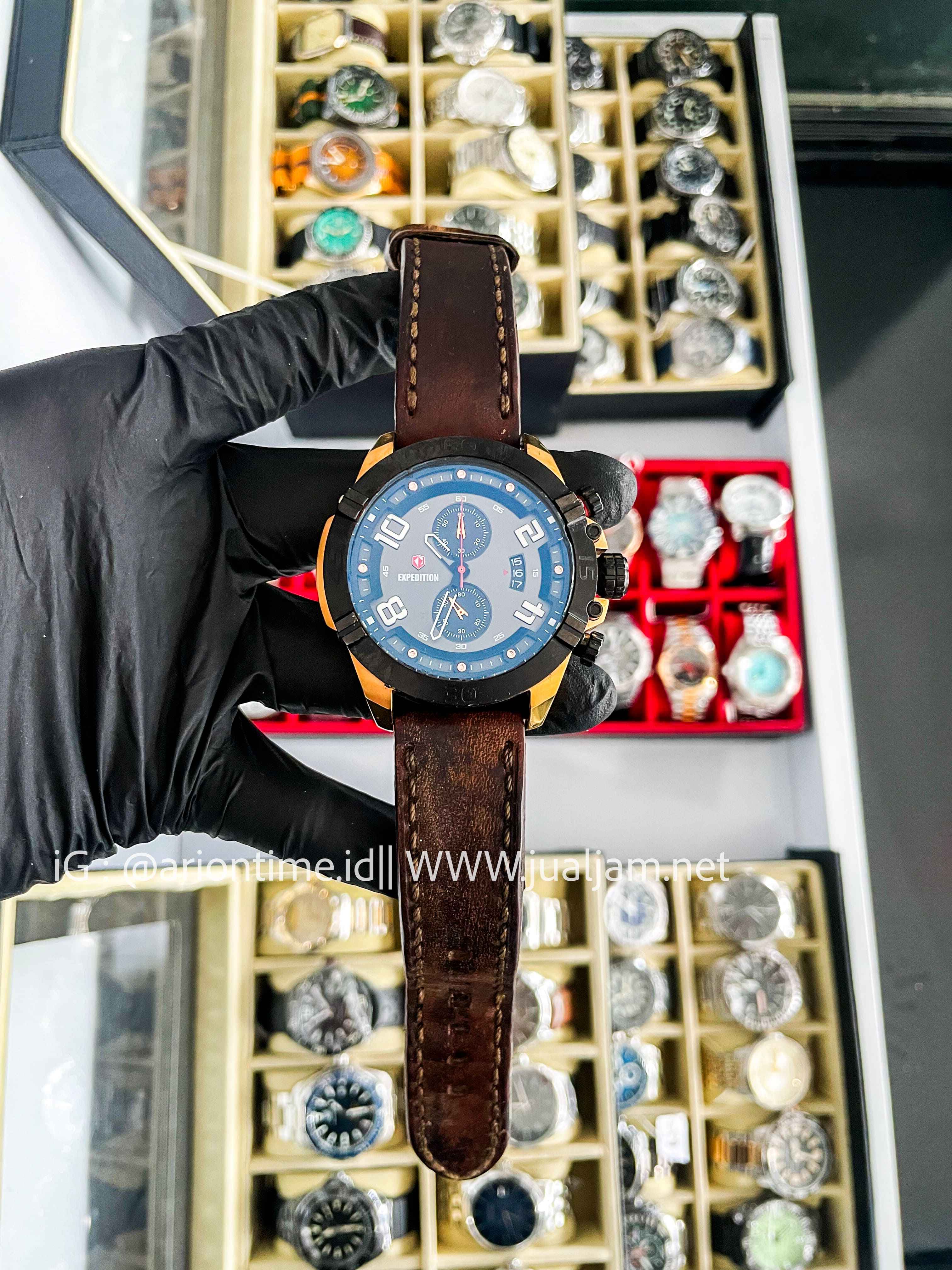 (SKU 550) Expedition E 6763 MC LBRBA Chronograph Men Black Dial Brown Leather Strap