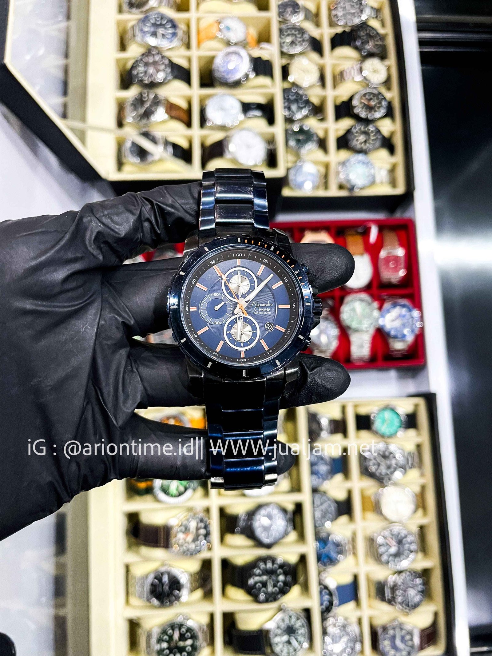 (SKU 592) Alexandre Christie Chronograph AC 6141 MC BUBBU Men Blue Dial Blue Stainless Steel Strap