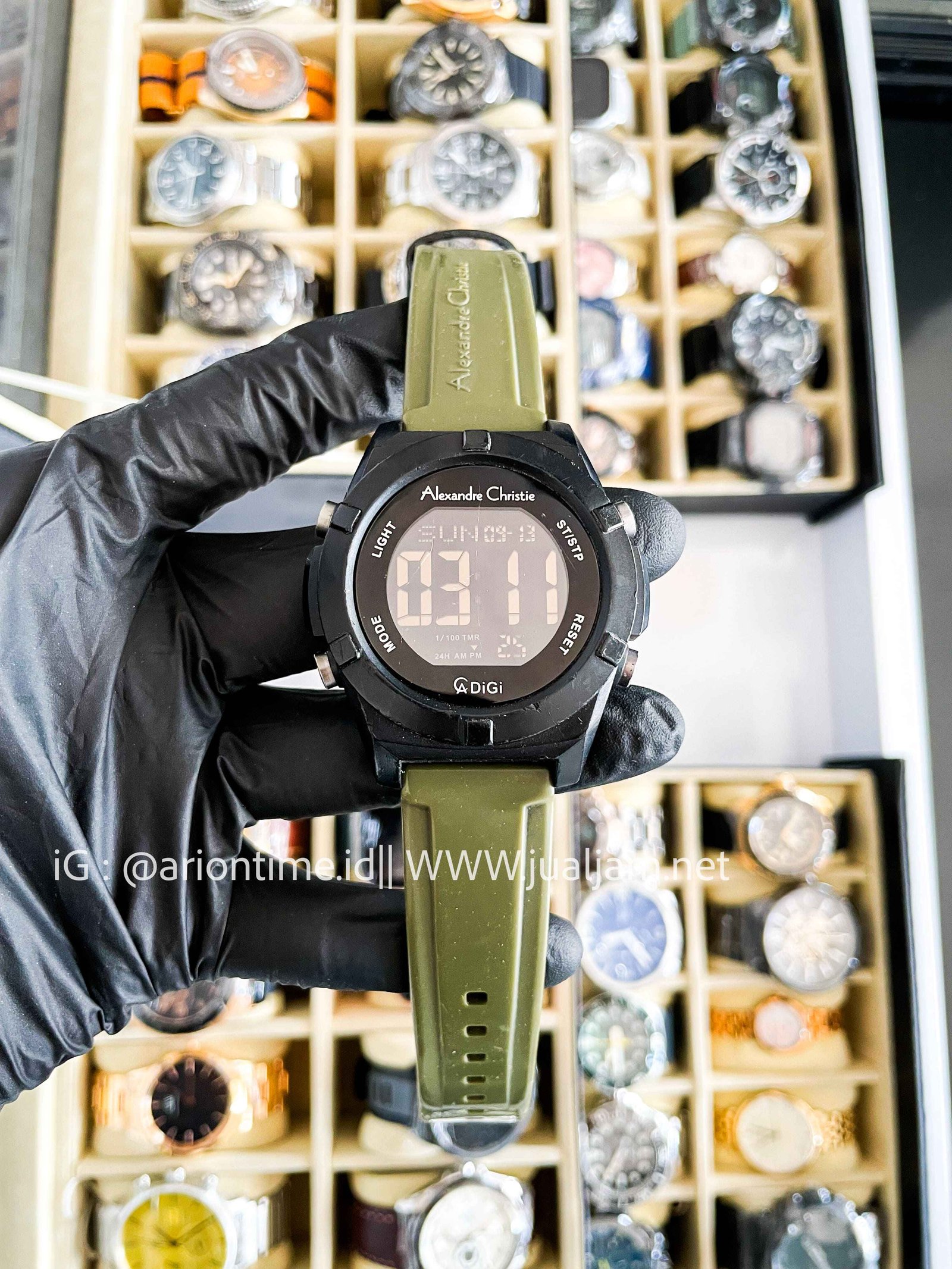 Alexandre Christie Digi AC 9371 MH RIPBAGN Men Black Digital Dial Green Rubber Strap (TITIP JUAL)