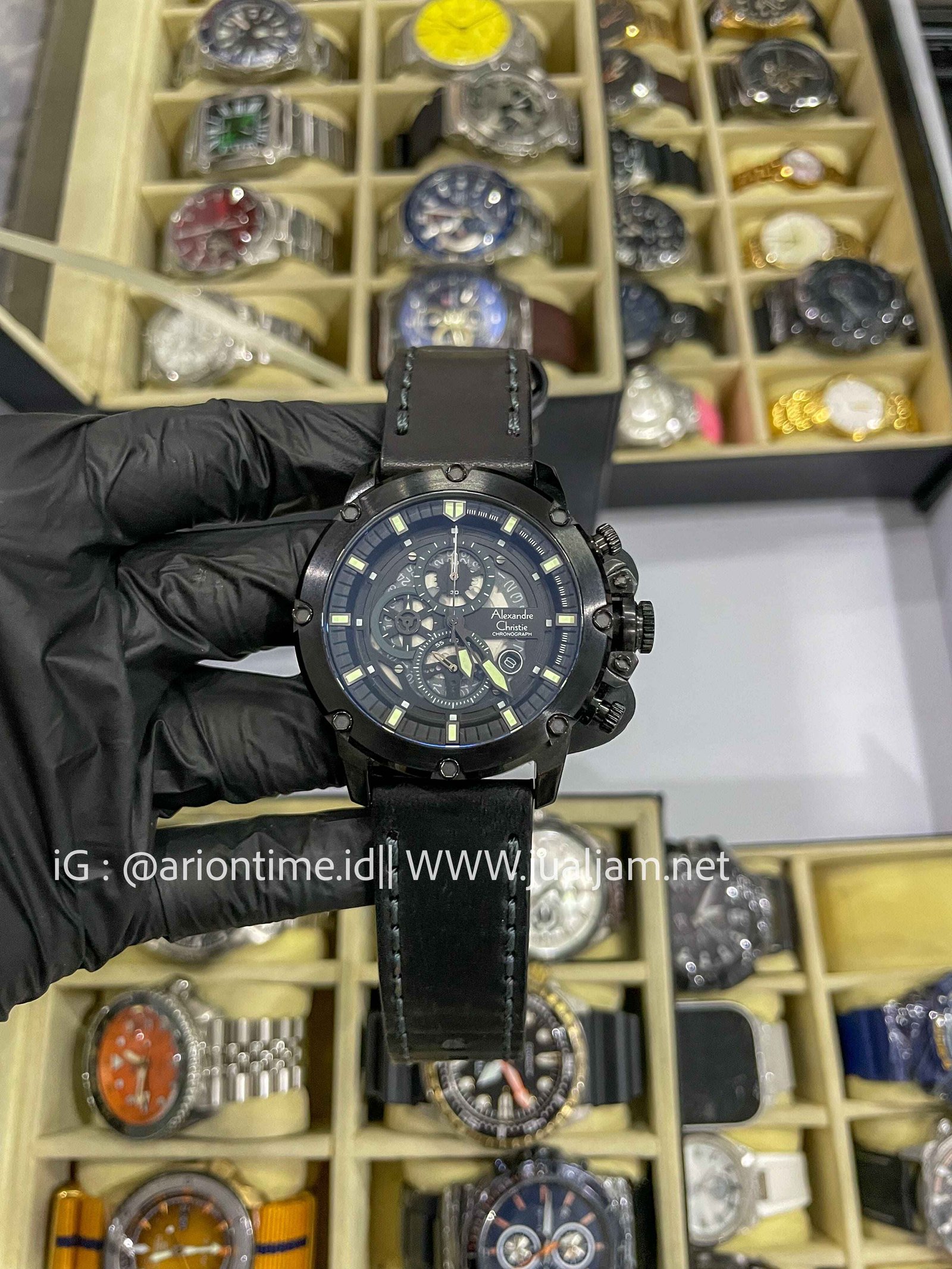 (SKU 608) Alexandre Christie Chronograph AC 6564 MC LBRBA Men Black Dial Black Leather Strap 46mm LIKE NEW